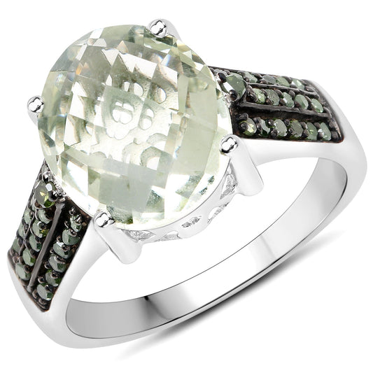 Anillo de plata de ley .925 con amatista verde genuina de 4.41 quilates y diamantes verdes