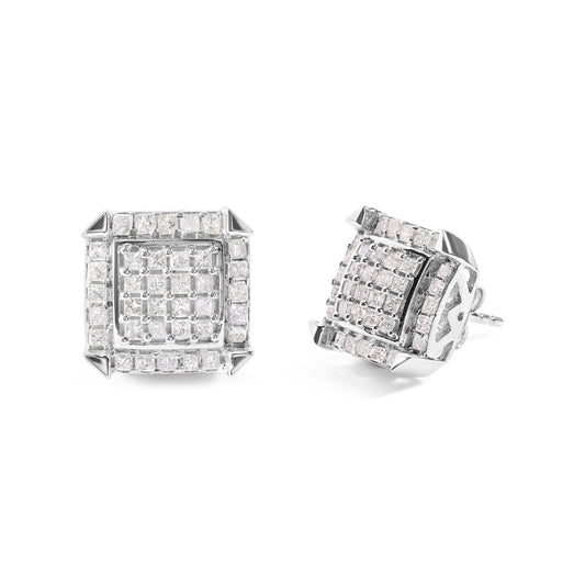 Pendientes de tuerca de oro blanco de 10K con diamantes de princesa de 1 1/10 Cttw en composición y halo (color I-J, claridad I1-I2)