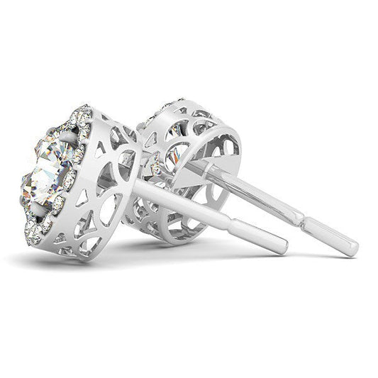 Pendientes de halo redondo de diamantes de cuatro puntas de oro blanco de 14k (1 1/6 cttw)