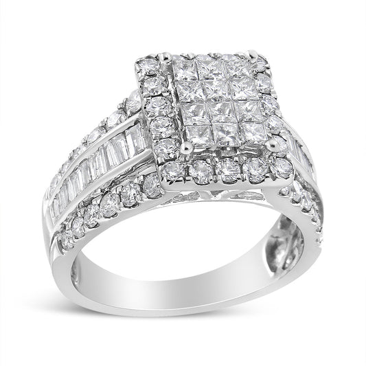 Anillo de diamantes de oro blanco de 14K, 2,00 Cttw, cabezal compuesto con halo y piedras laterales (color H-I, claridad SI1-SI2) - Talla 7