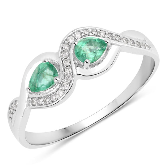 Anillo de oro blanco de 14K con esmeralda zambiana auténtica de 0,35 quilates y diamantes blancos
