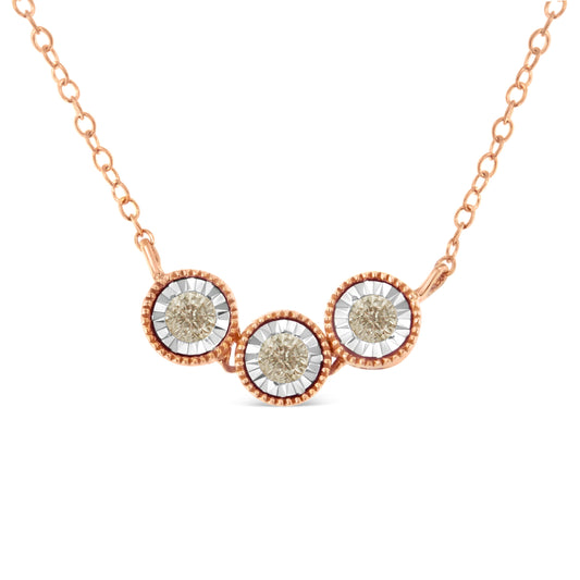 Collar de plata de ley .925 chapado en oro rosa y blanco de 10K con triple círculo de diamantes champán de 1/4 Cttw con engaste milagroso de 45,7 cm (Claridad I2-I3)
