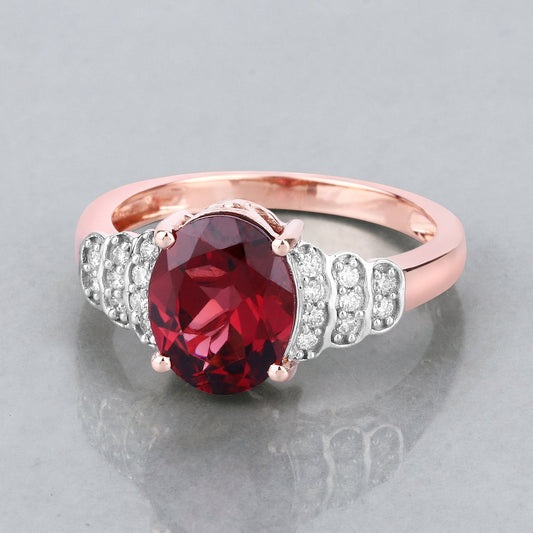 Anillo de oro rosa de 14 quilates con rodolita genuina de 2,87 quilates y diamantes blancos