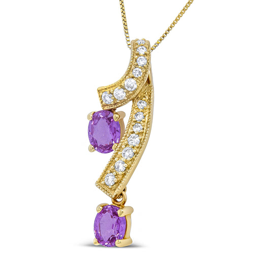 Collar con colgante de zafiro rosa ovalado de 6x4 mm de oro amarillo de 14 quilates y diamantes redondos de 1/5 quilates (color H-I, claridad SI1-SI2)
