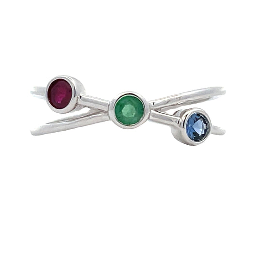 Anillo de zafiro y rubí de 0.31 ct en oro blanco de 14 KT