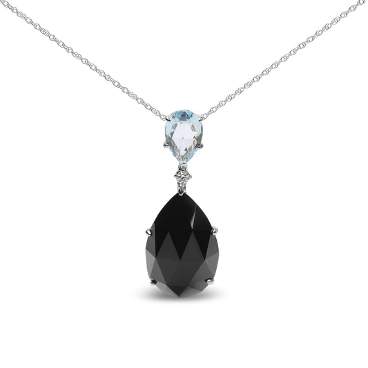 Collar con colgante de oro blanco de 18K con acentos de diamantes, topacio azul cielo talla pera y ónix negro talla pera, 45.72 cm (color G-H, claridad SI1-SI2)