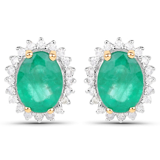 Pendientes de oro amarillo de 14 quilates con esmeralda zambiana auténtica de 2,66 quilates y diamantes blancos