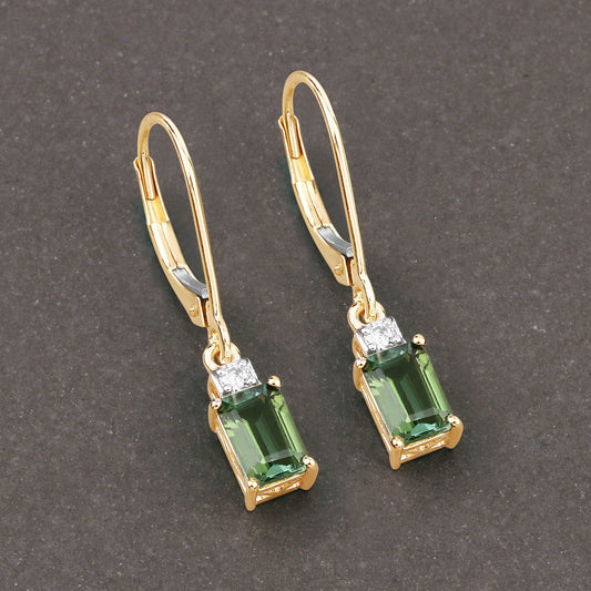 1.28 Carat Genuine Green Tourmaline and White Diamond 14K Yellow Gold Earrings - view 2