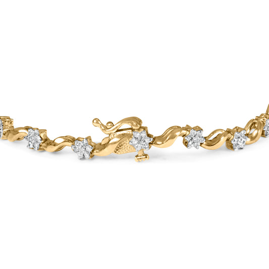 Pulsera de 10k Oro Amarillo con 1.00 Cttw de Diamantes Redondos, Diseño Floral en S, de 7.50" (Color I-J, Claridad I2-I3)