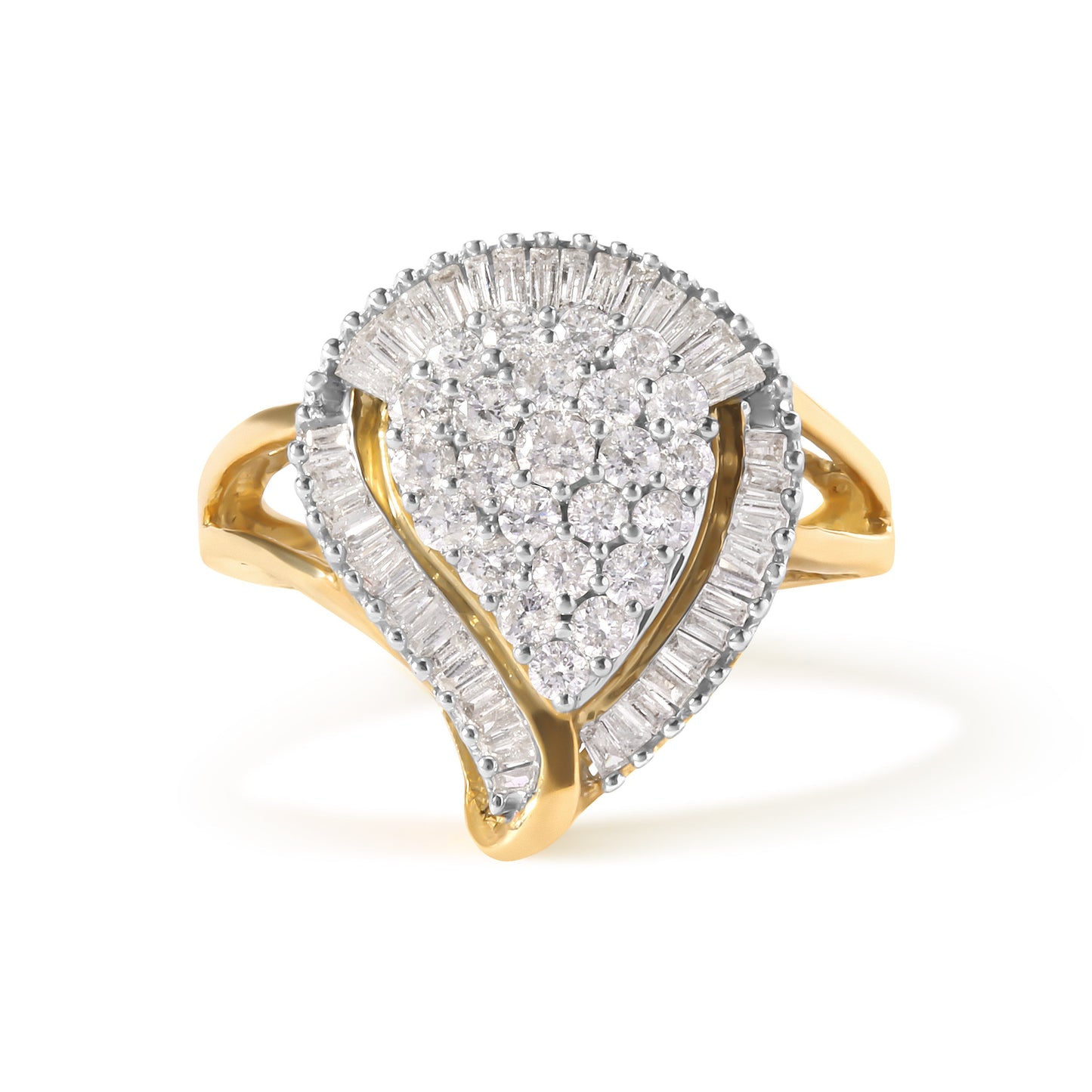 Anillo de racimo tipo bailarina de oro amarillo de 10 qt con diamantes redondos y corte baguette de 1 quilate (color H-I, claridad SI2-I1)