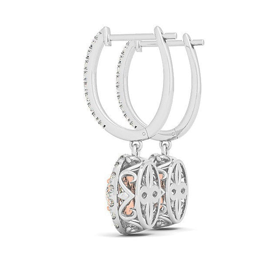 Aretes colgantes de oro blanco y rosa de 14 quilates con diamantes y diseño de halo (3/4 quilates en total)