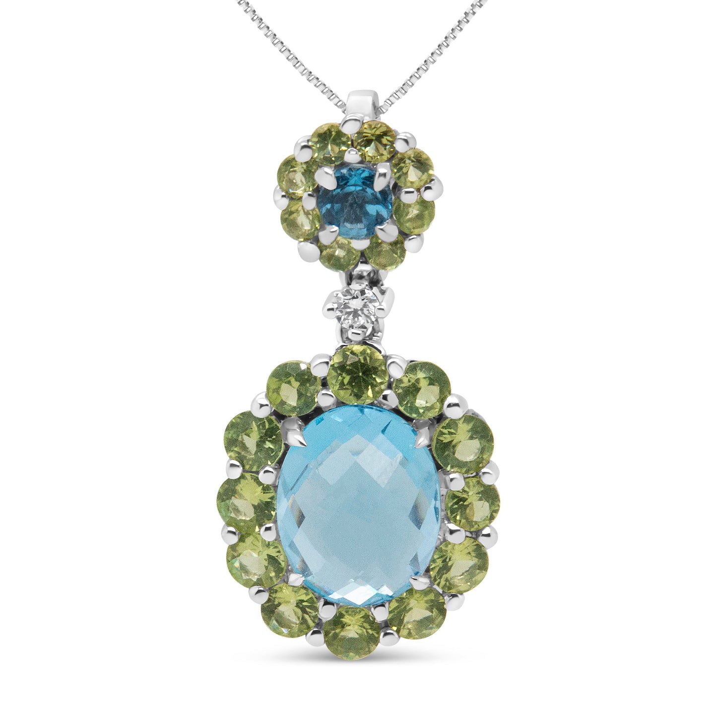 Collar con colgante de oro blanco de 18k con halo de diamantes redondos de 0.05 Cttw, topacio azul y peridoto verde de 45.72 cm (color F-G, claridad VS1-VS2)