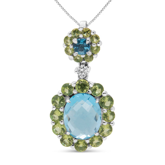 Collar con colgante de oro blanco de 18k con halo de diamantes redondos de 0.05 Cttw, topacio azul y peridoto verde de 45.72 cm (color F-G, claridad VS1-VS2)