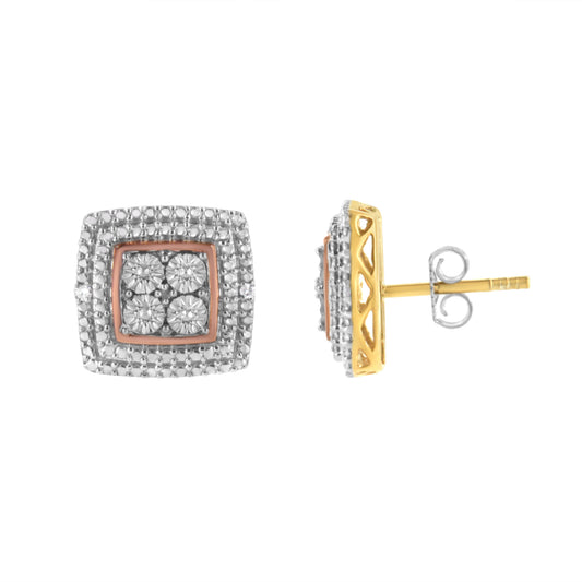 Pendientes de plata de ley bañados en oro amarillo, blanco y rosa de 10K con acentos de diamantes (Claridad I-J, Color I3)