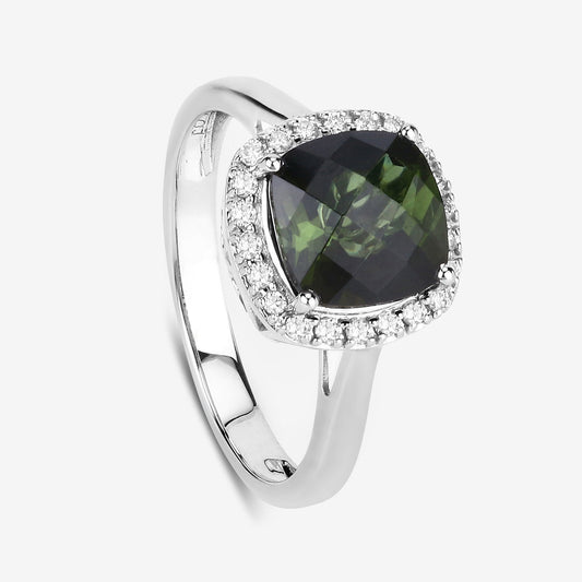 Anillo de 14 quilates de oro blanco con turmalina verde genuina de 2,64 quilates y diamantes blancos