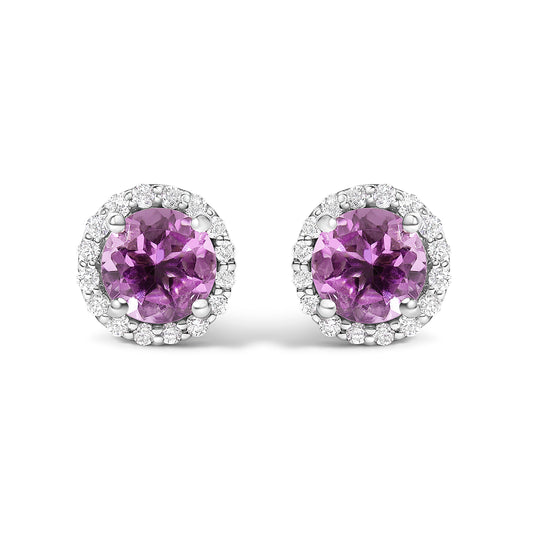Juego de Joyas de Oro Blanco de 10K con Amatista Morada y Diamantes de 3/8 Cttw en Halo (Pendientes, Colgante y Anillo)