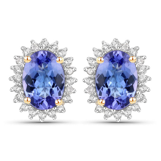Pendientes de oro amarillo de 14 quilates con tanzanita auténtica de 1,71 quilates y diamantes blancos