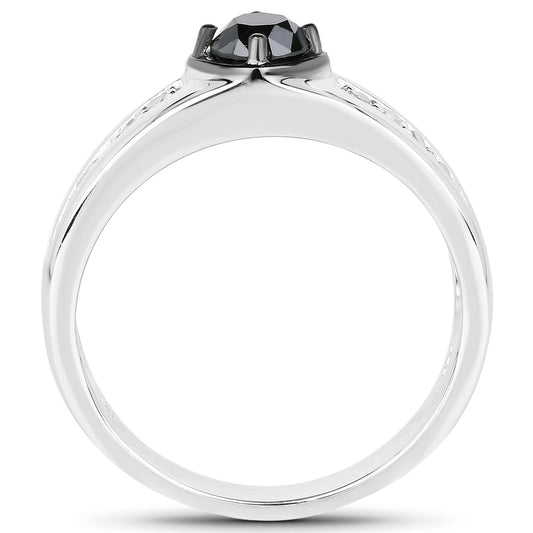 Anillo de plata de ley .925 con diamante negro auténtico de 0.65 quilates y diamante blanco