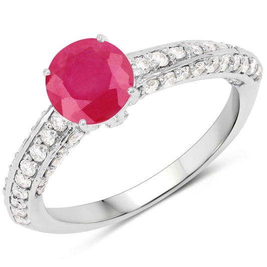 Anillo de oro blanco de 14 quilates con rubí genuino de 1,49 quilates y diamantes blancos (color I, claridad SI)