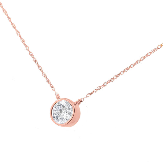Collar con colgante ajustable AGS Certified de oro rosa de 10K y 1/5 Cttw con diamante solitario de talla redonda engastado en bisel, 16-18" (color H-I, claridad VS1-VS2)