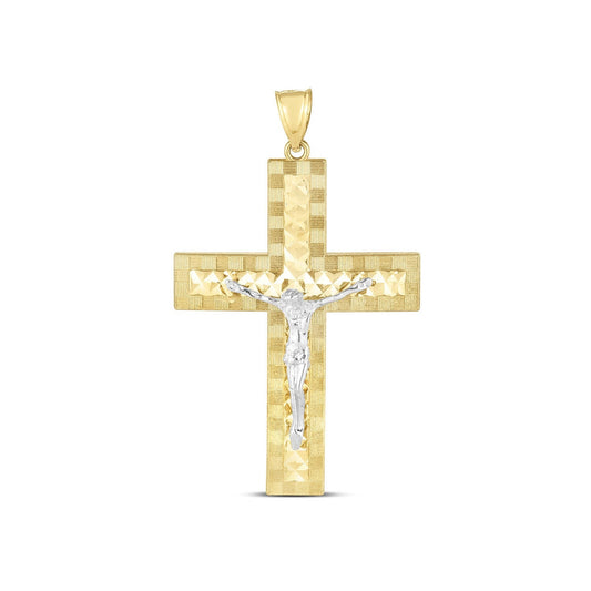 Colgante de cruz de oro de dos tonos de 14k con acabado pulido brillante y corte de diamante