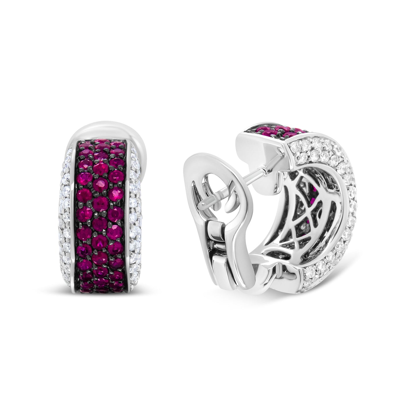 Pendientes de aro tipo Huggie de oro blanco de 18 quilates con baño de rodio negro, diamantes redondos de 3/4 Cttw y rubíes rojos redondos de 1 mm (color F-G, claridad VS1-VS2)