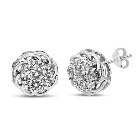 Pendientes de Plata de Ley .925 con Racimo de Diamantes Redondos de 1/2 Quilate con Halo Floral Calado (Claridad I1-I2, Color I-J)