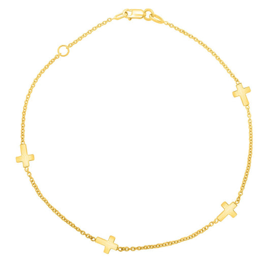 Tobillera de cruz con eslabones pulidos de oro amarillo de 14k (1.00 mm)