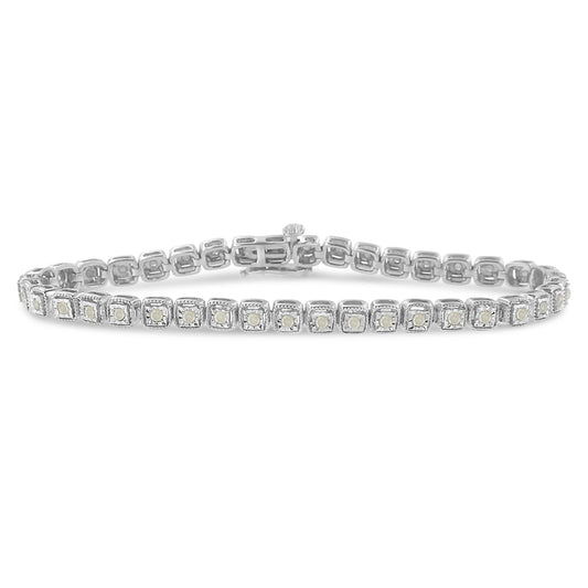 Pulsera de tenis con eslabones de plata de ley .925, 1,0 Cttw de diamantes engastados "milagro", cuadrados con milgrano, 17,78 cm (color I-J, pureza I3)