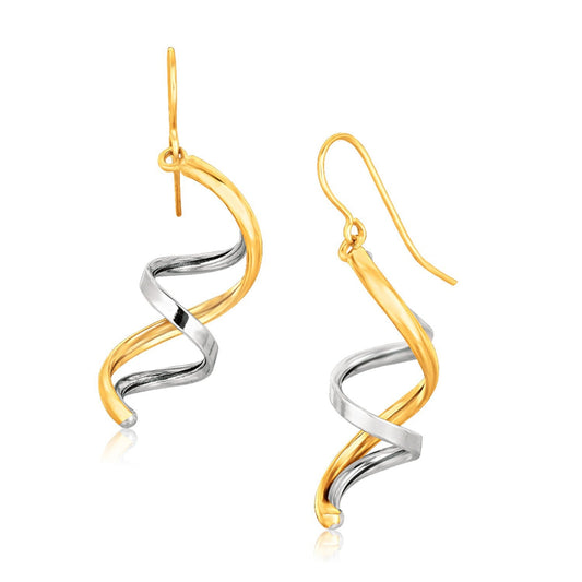 Pendientes colgantes pulidos de doble hélice de oro bicolor de 14k
