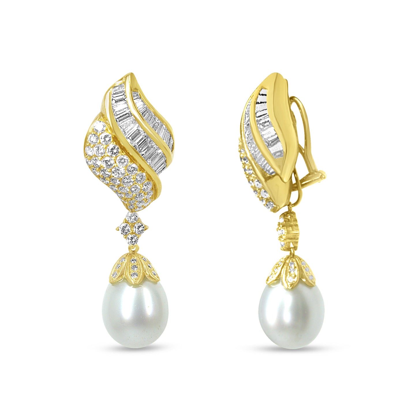Pendientes Colgantes con Clip de Oro Amarillo de 18k con Perlas de los Mares del Sur, Diamantes Redondos y Talla Baguette de 7.0 Cttw (Color F-G, Claridad VS1-VS2)
