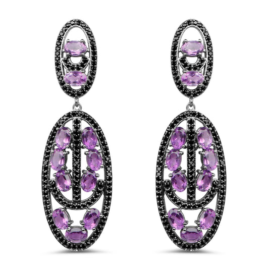 Pendientes de Plata Fina .925 con Amatista Genuina y Espinela Negra de 12.45 Quilates