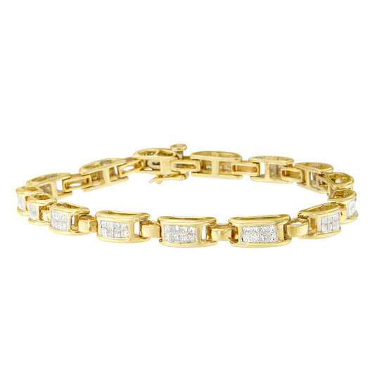 Pulsera de eslabones rectangulares de oro amarillo de 10K con diamantes de talla princesa de 2.0 Cttw con engaste invisible (color I-J, claridad SI2-I1) - 7"