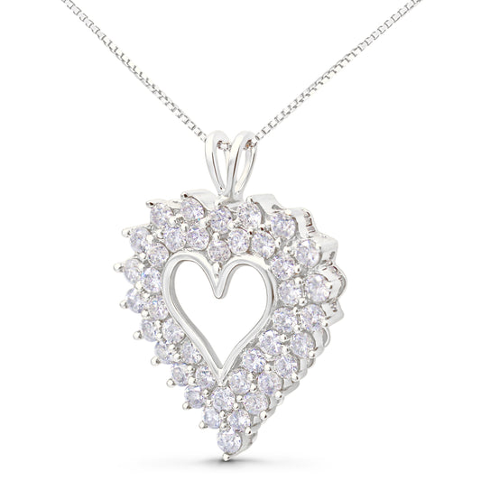 Collar con colgante de corazón abierto de dos hileras de plata de ley 925 con diamantes de 4,0 quilates (color I-J, claridad I2-I3), 45,7 cm