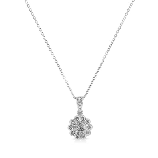 Collar con colgante de plata de ley .925 con diseño de sol y detalles milgrain, 45 cm (Color I-J, Claridad I1-I2)
