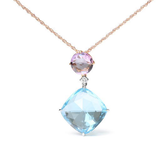 Collar con colgante de oro blanco y rosa de 18 quilates con acento de diamante redondo y amatista rosa de Francia redonda y topacio azul cielo de talla cojín, 18 pulgadas (Color G-H, Claridad SI1-SI2)