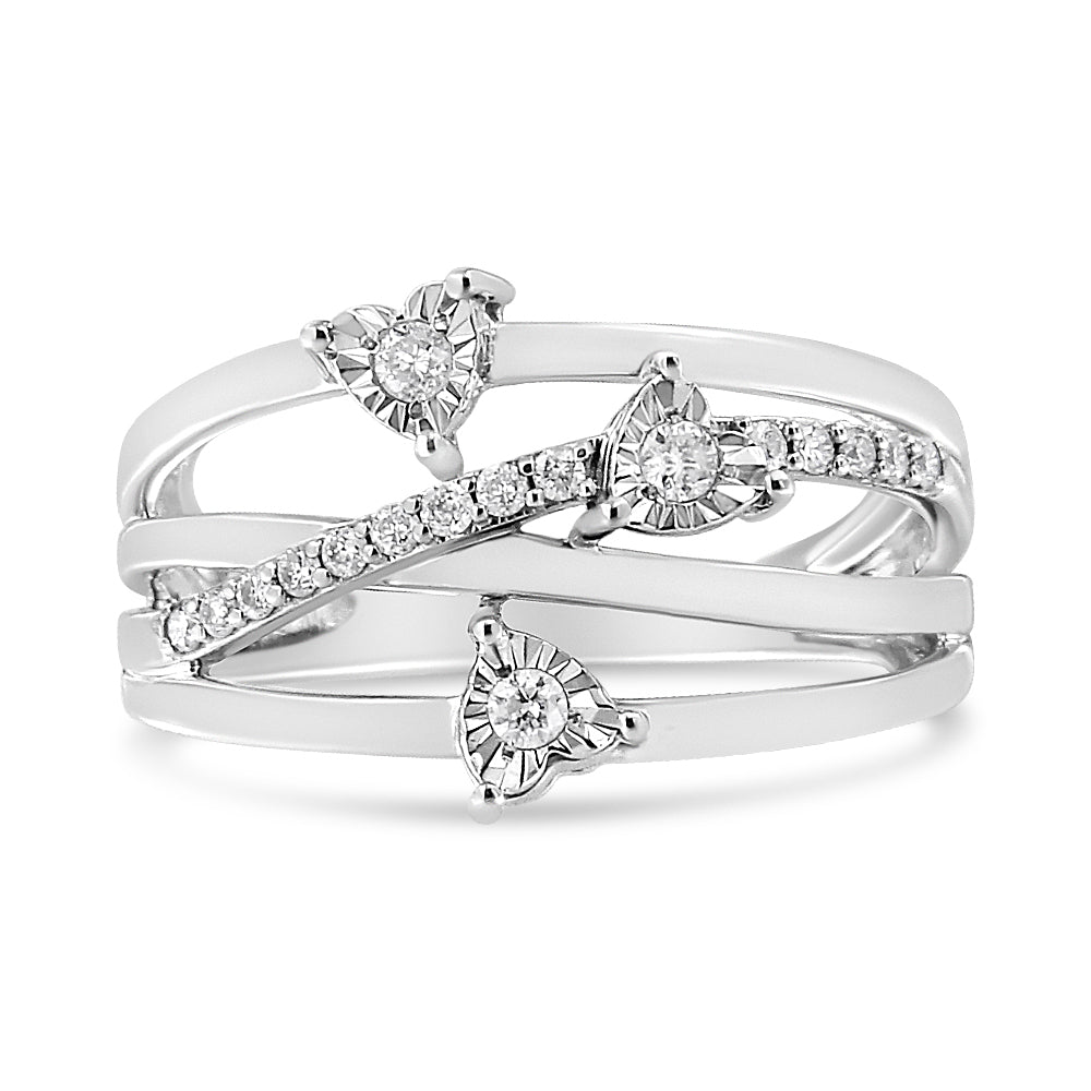 Anillo cruzado en forma de corazón con diamantes engastados "miracle" de 1/5 Cttw en plata de ley .925 (color I-J, claridad I2-I3) - Talla 7