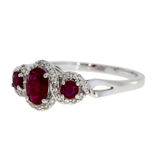Anillo de 3 piedras de rubí y diamante de 1,04 ct, oro blanco de 14K