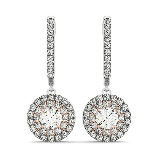 Aretes colgantes de oro blanco y rosa de 14 quilates con diamantes y diseño de halo (3/4 quilates en total)