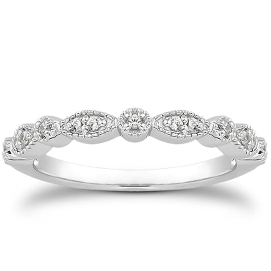 Anillo de boda de oro blanco de 14k, estilo vintage, con pavé de diamantes y filigrana milgrain