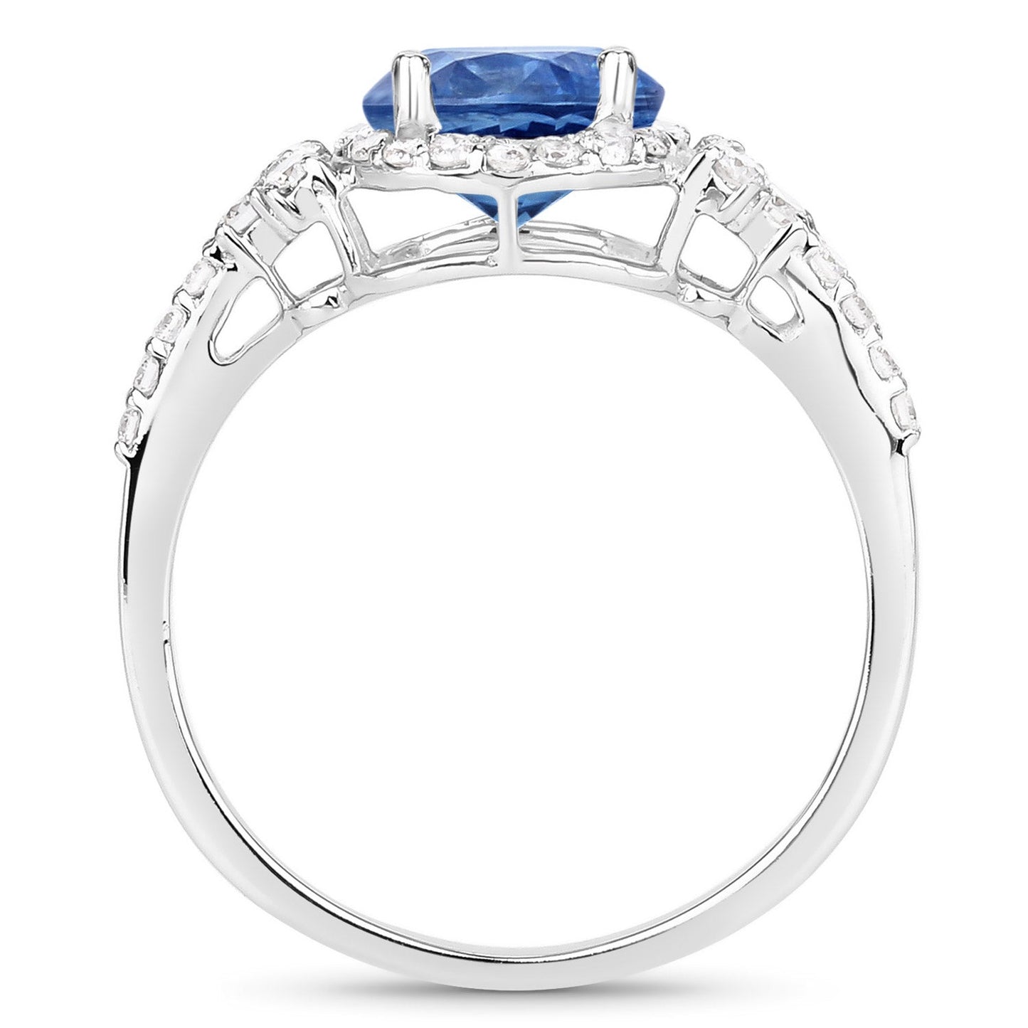 Anillo de oro blanco de 14 quilates con zafiro azul auténtico de 1,34 quilates y diamantes blancos