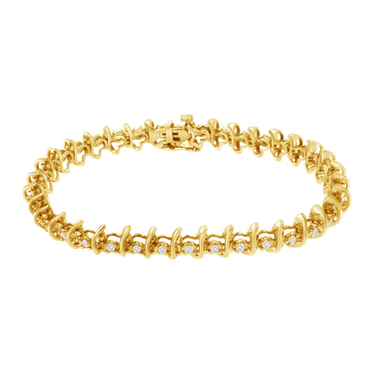 Pulsera de eslabones de diamantes engastados en garras de 10 quilates de oro amarillo laminado sobre plata de ley .925 con un total de 1 quilate (J-K, I1-I2) - 7.5"