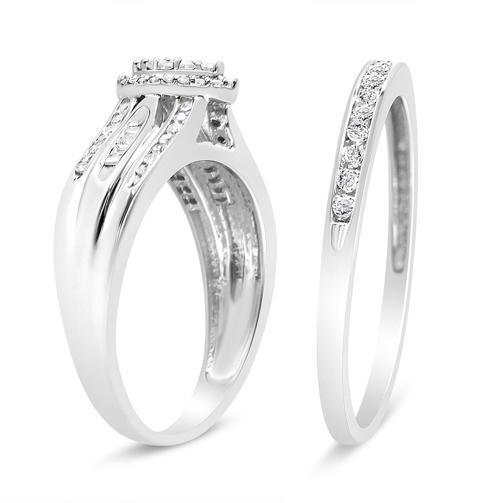 Conjunto de Compromiso y Boda de Plata Esterlina .925 con Diamantes Redondos y Talla Baguette de 0.50 Cttw (Color I-J, Claridad I1-I2) - Talla 7