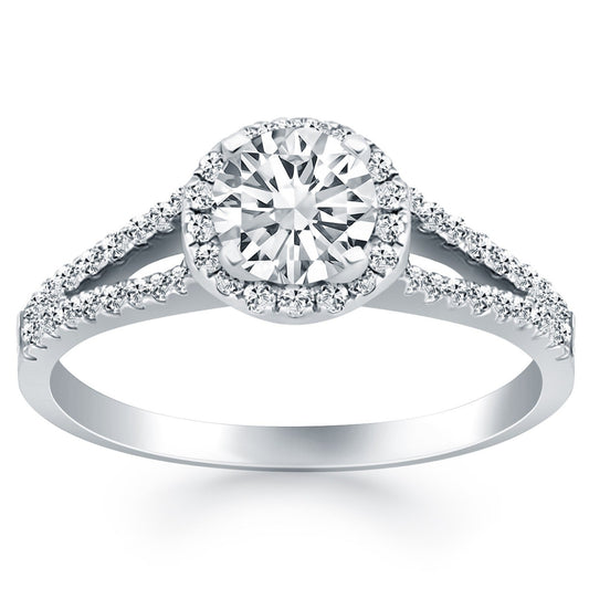 Anillo de compromiso de oro blanco de 14k con halo de diamantes y brazo dividido
