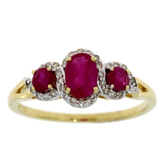 Anillo de tres piedras de rubí y diamante de 1,04 ct de oro amarillo de 14 kt