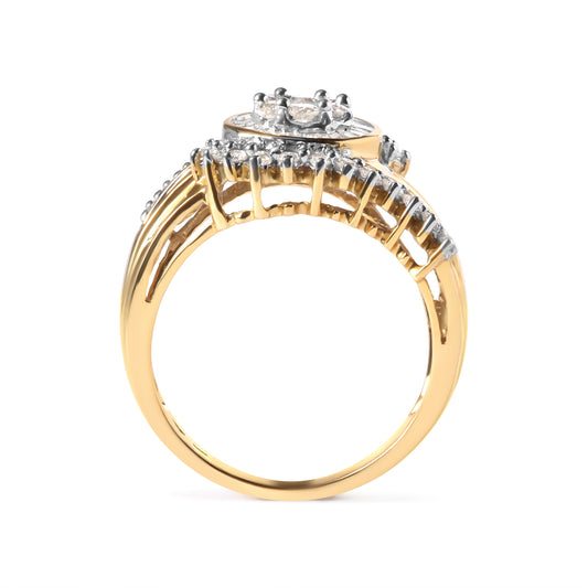 Anillo de banda en espiral con racimo de diamantes redondos y de talla baguette de oro amarillo de 10K y 1 quilate (Color H-I, Claridad I1-I2) - Talla de anillo 7