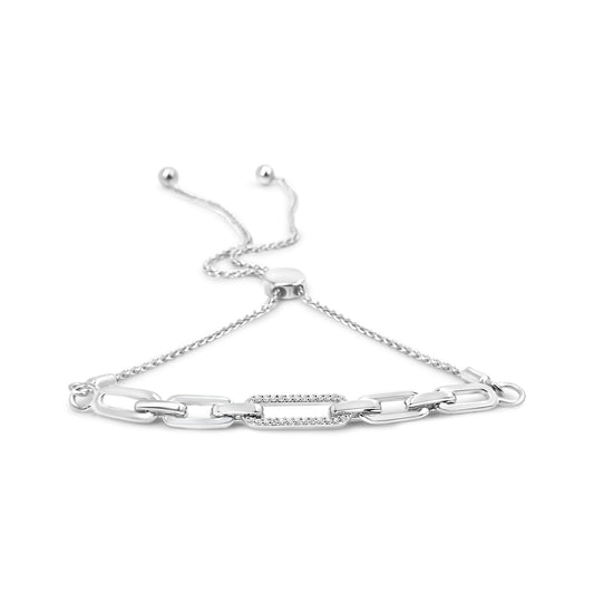 Pulsera tipo bolo ajustable con eslabones de clip de plata de ley .925 con diamante de 0,10 quilates (color I-J, claridad I2-I3)