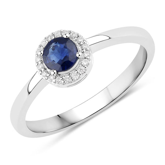 Anillo de oro blanco de 14K con zafiro azul genuino de 0,52 quilates y diamantes blancos