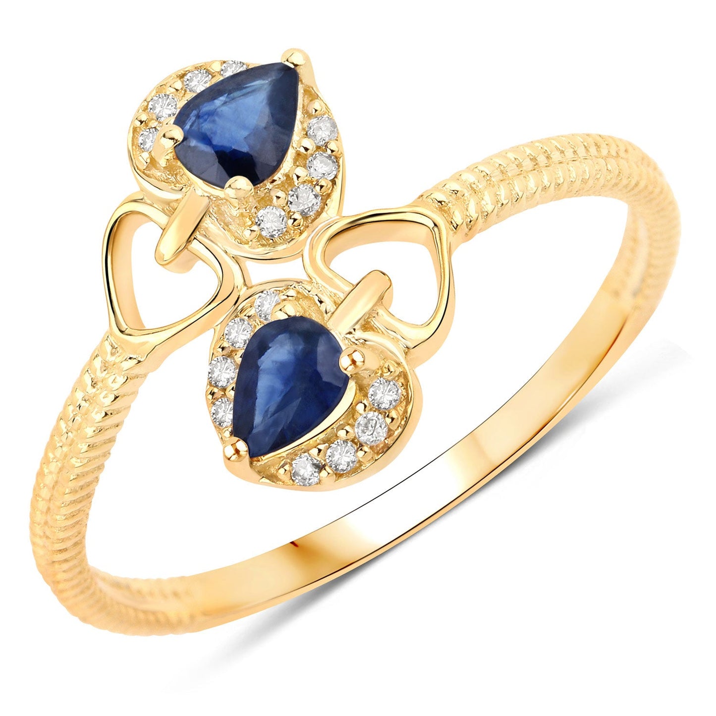 Anillo de oro amarillo de 14 quilates con zafiro azul auténtico de 0,34 quilates y diamantes blancos