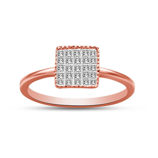 Anillo cuadrado de oro rosa de 10 quilates con diamante de corte princesa de 1/3 quilate (peso total) con engaste invisible para mujer (color H-I, claridad I1-I2) - Talla 7